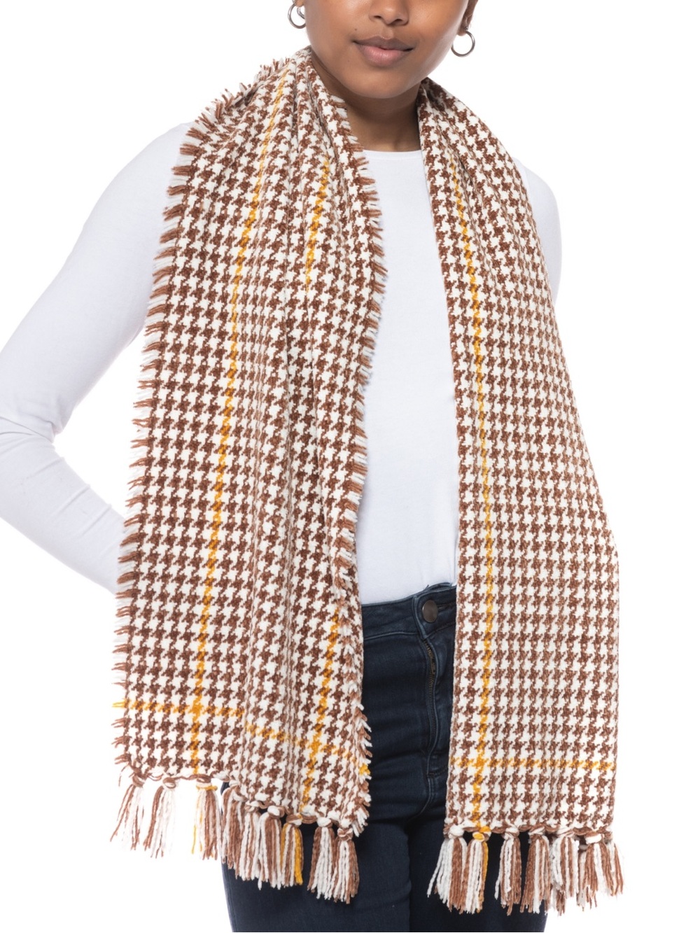 Charter Club Brown White and Yellow Houndstooth Fringe Scarf